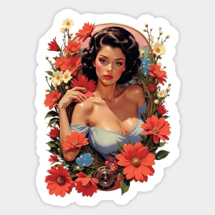 The Daisy-Framed Brunette Bombshell A Pinup Portrait Embraced by Red and Cream Floral Grandeur and Golden Oval Light Sticker